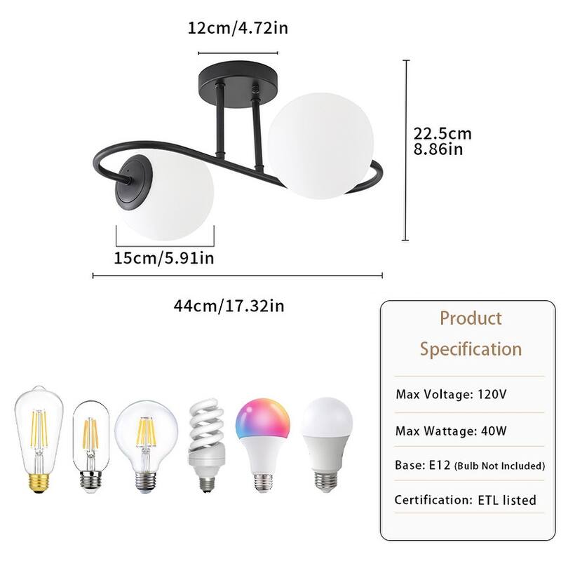 Modern Black Double Globe Flush Mount Ceiling Light with Curved Arm White Glass Shades