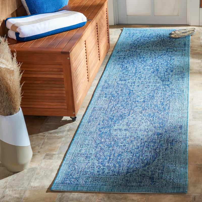 SAFAVIEH Courtyard Boud Indoor/ Outdoor Waterproof Patio Backyard Rug - 2'3" x 8' Runner - Navy/Aqua