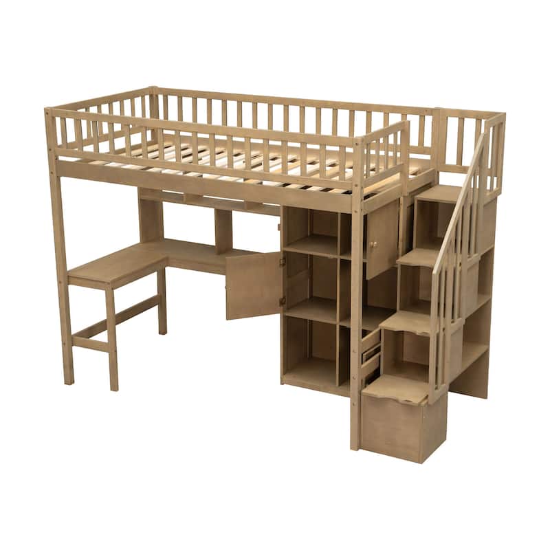 Twin Loft Bed in Walnut with Integrated L-Shaped Desk, LED Lighting, Multi-Tier Storage Shelves, Cabinets, and Staircase