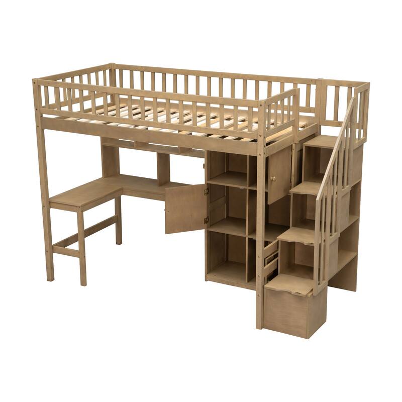 Twin Size Pinewood Loft Bed with Built-in Desk, LED Lighting, Storage Shelves, Cabinets and Staircase