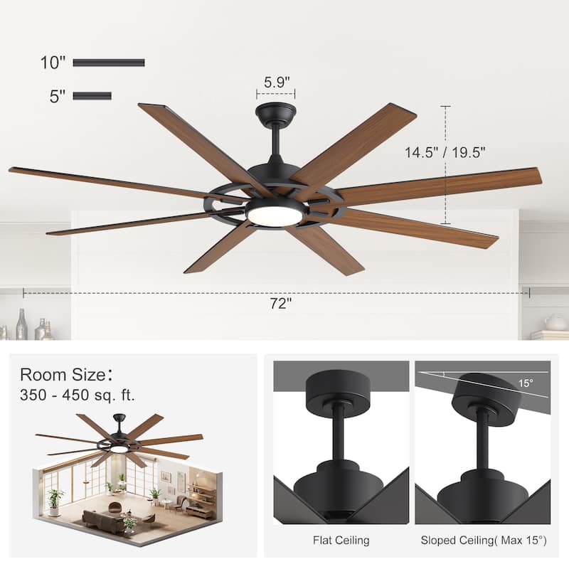 72" Large Ceiling Fan with 3CCT Dimmable LED Light and Remote(8 Reversible Blades）