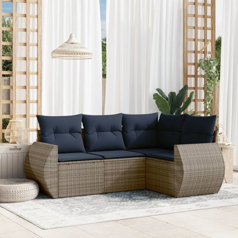 vidaXL Patio Sofa Set with Cushions Outdoor Conversation Furniture Poly Rattan - 24.4 x 24.4 x 27.2 - Grey and Blue-Without table