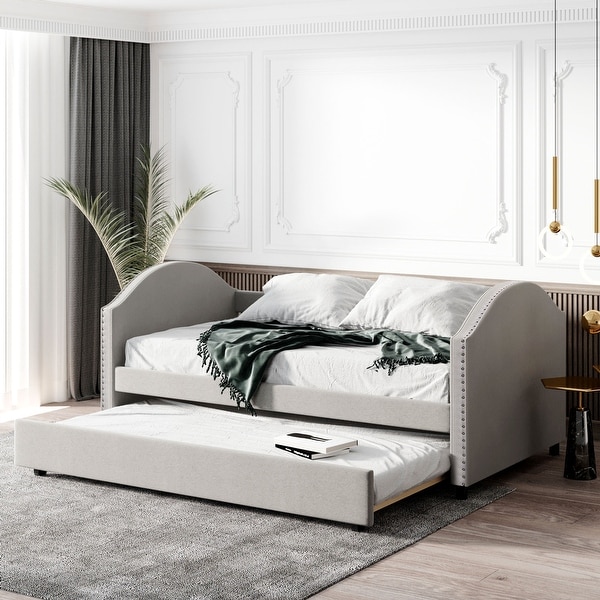 Full size Upholstered Daybed with Twin Size Trundle Wood Slat