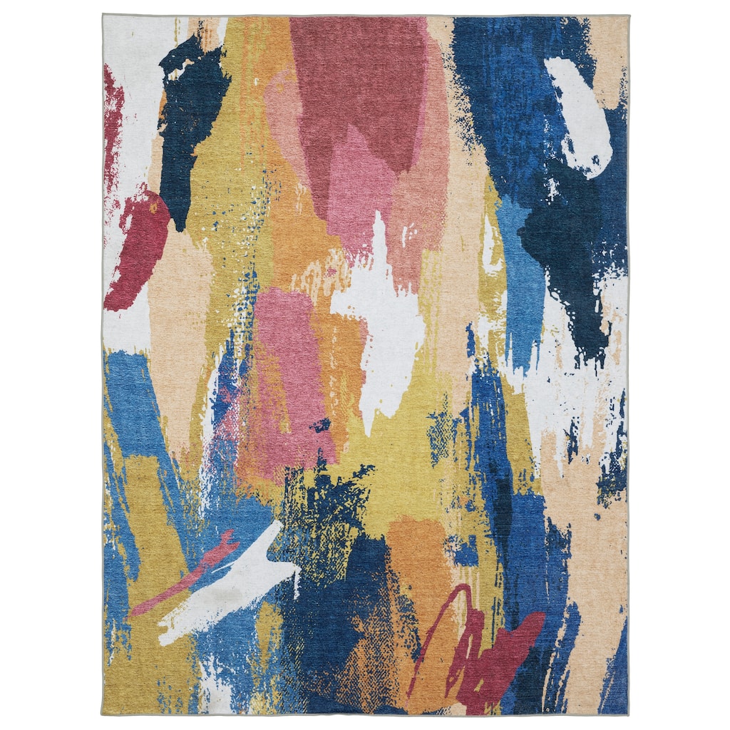 Vista Home Sunderland Abstract Paint Washable Blue/ Gold Area Rug Mat