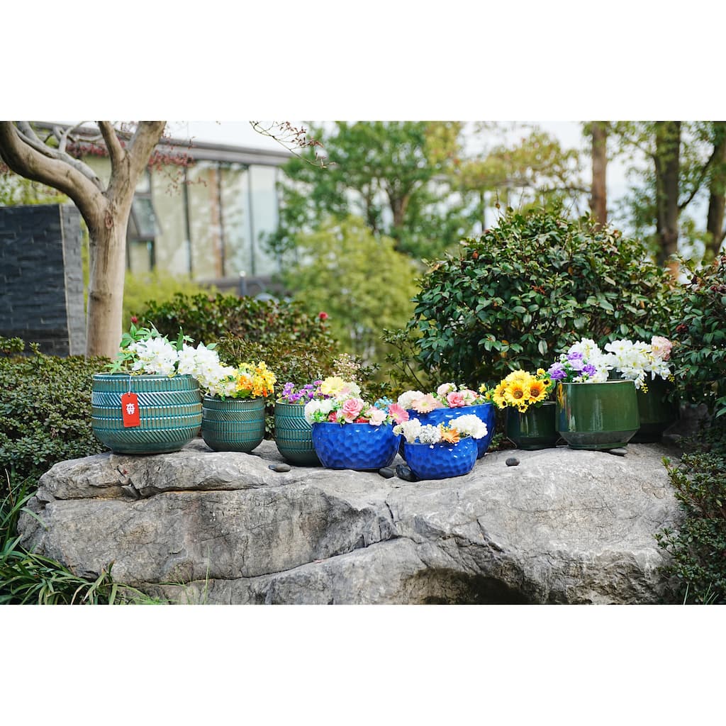 Antique Navy Blue Striped Ceramic Planter Trio 14 Inch Square Outdoor Modern Garden Set with Drainage