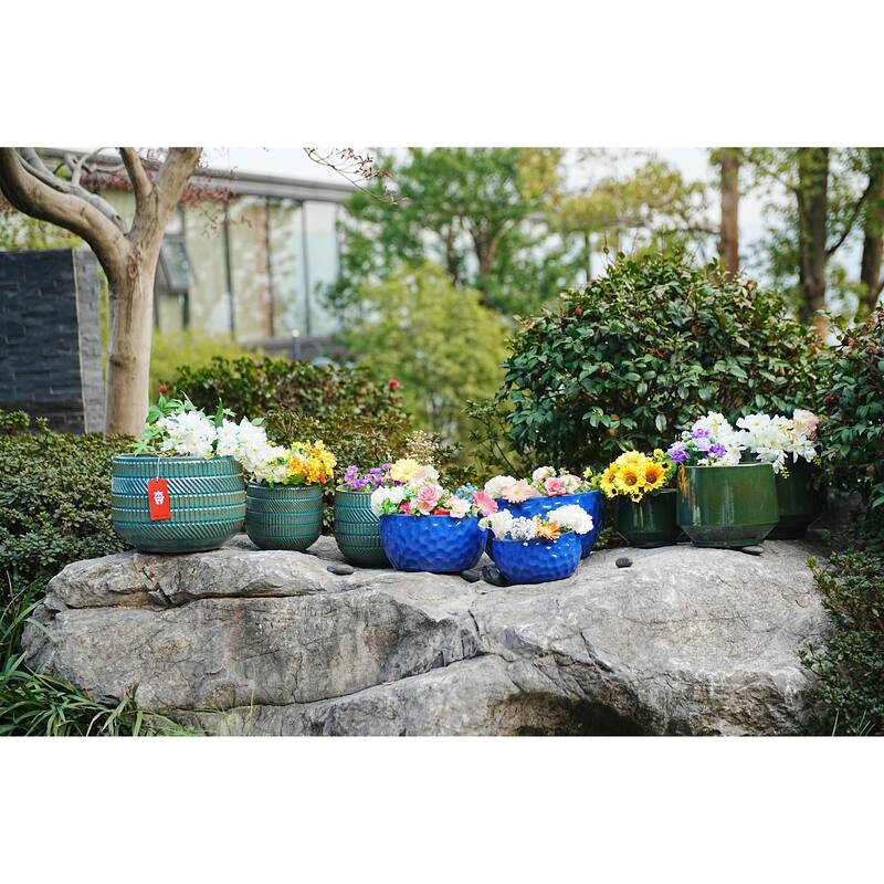 Ceramic Planters with Drainage Hole - Frost Proof Indoor Outdoor Flower Pots, for Patio Garden Windowsill, Set of 3 - Antique Navy Blue