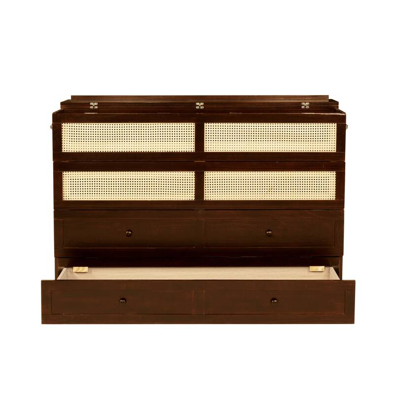 Queen Size Murphy Bed Cabinet with Rattan Decoration and Storage Drawer, Walnut Finish