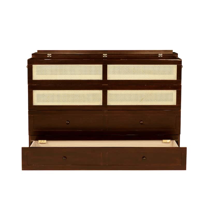 Queen Size Pine Wood Murphy Cabinet Bed with Rattan Decoration, Storage Drawer
