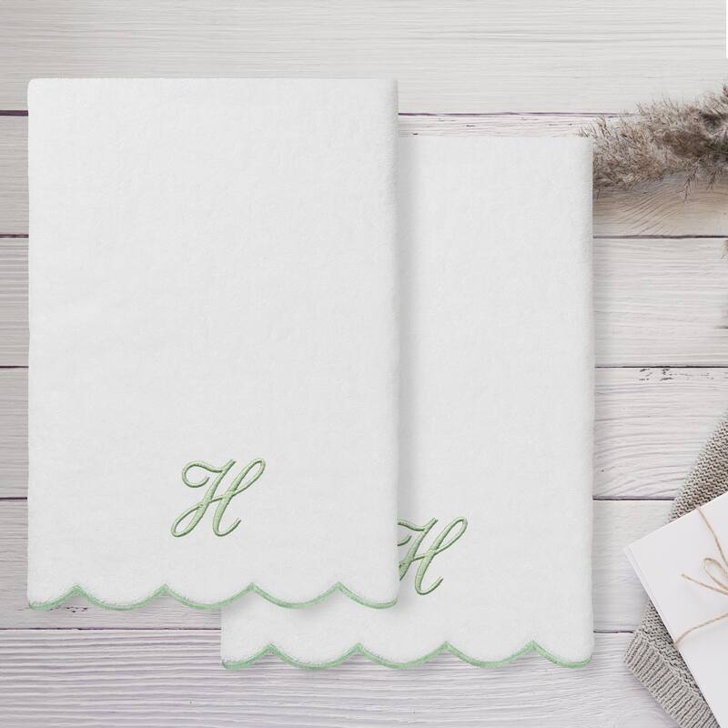 Authentic Hotel and Spa 100% Turkish Cotton Green ADORNIA Scallop Personalized 2 Piece Bath Towel Set - 2 Bath Towels