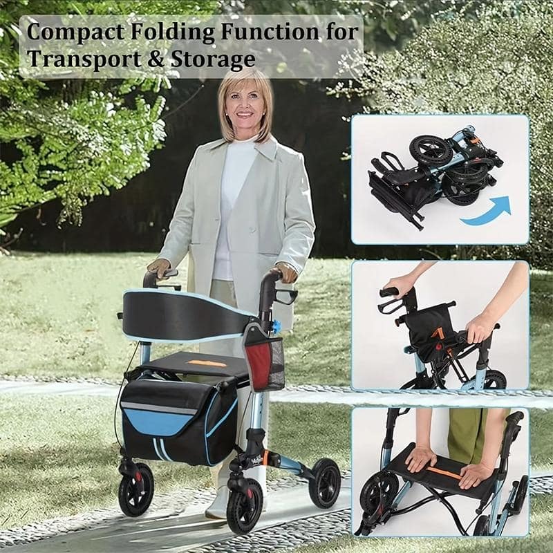 Lightweight Foldable All Terrain Rolling Walker with seat, Aluminum Walkers with 8 inch Rubber Wheels - Blue