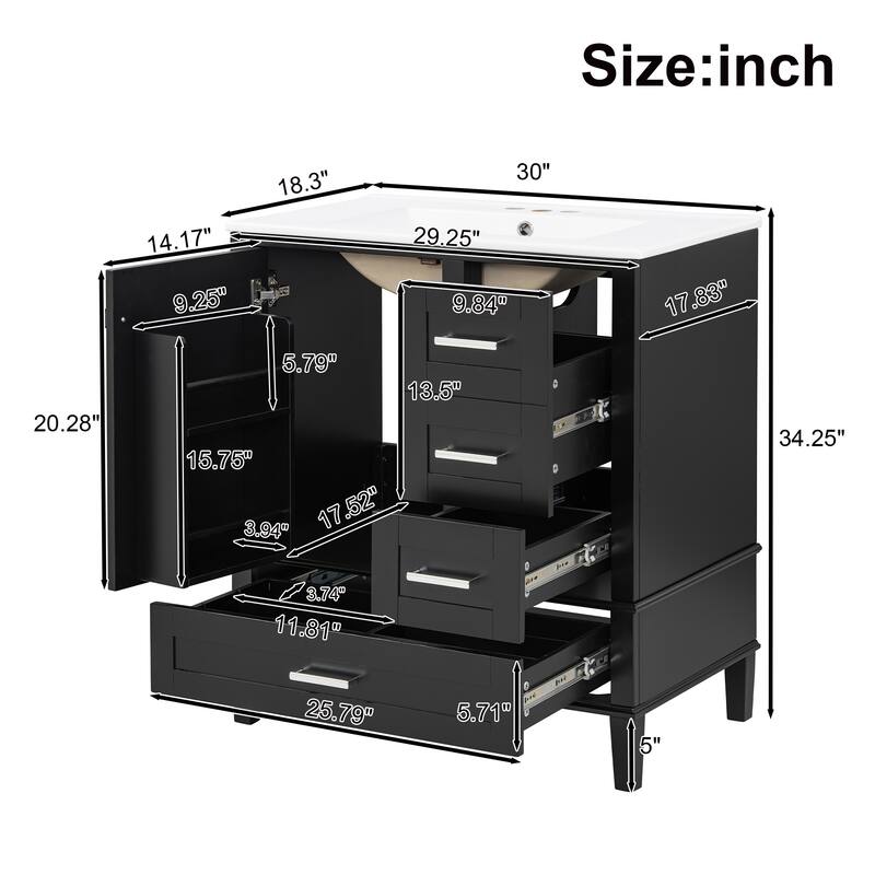 30" Modern Bathroom Vanity with Ceramic Sink, Solid Wood Frame, 1 Door & 3 Soft-Close Drawers, Freestanding