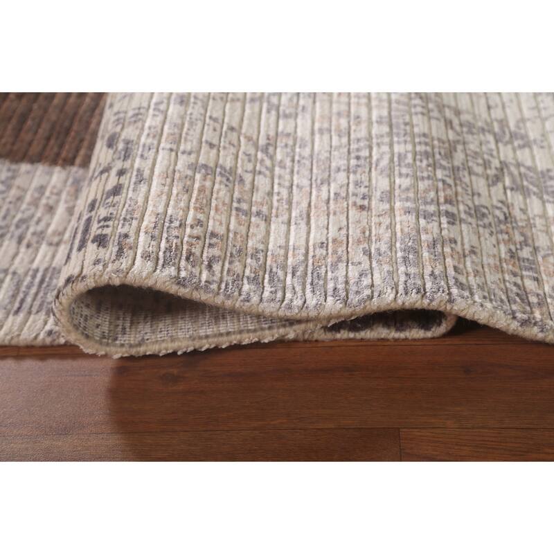 Beige Striped Modern Indian Area Rug Handmade Wool Carpet - 6'6"x 9'1"