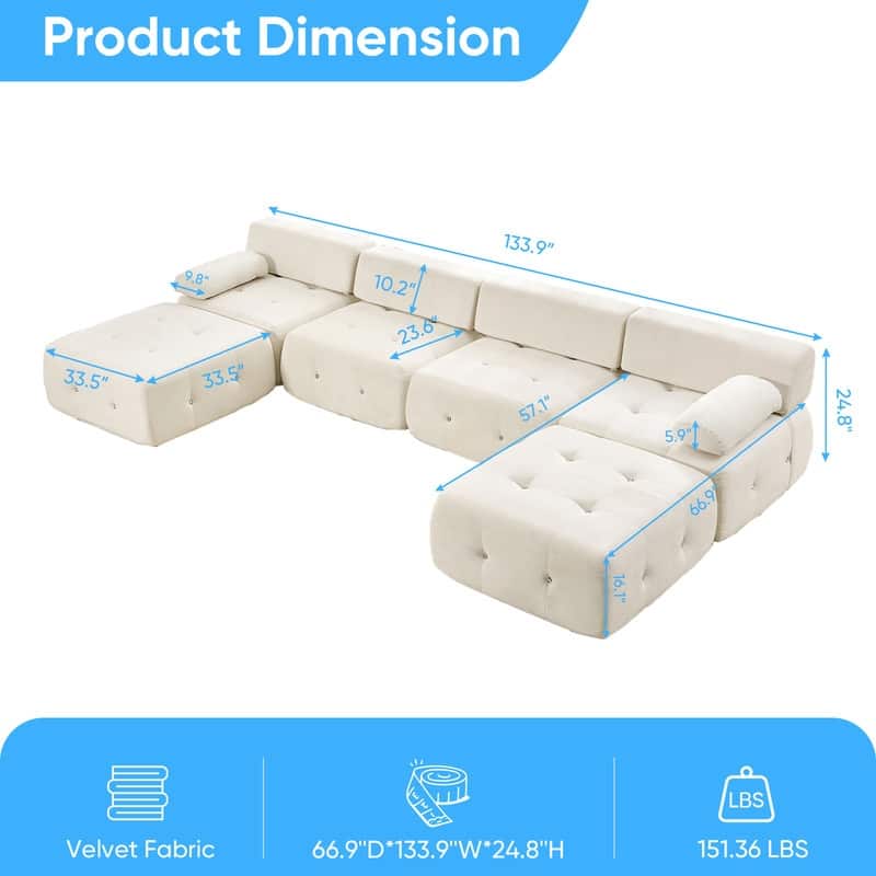 Mixoy Modular 134inch Modular Sectional Sofa with 2 Ottoman,Velvet U-Shaped Couch for Living Room - 133.9"w x 66.9"D x 24.8"H