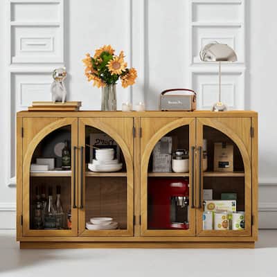 60 Inch Retro 4-Door Sideboard Buffet Cabinet with Glass Doors, Adjustable Shelves & Arched Design for Storage