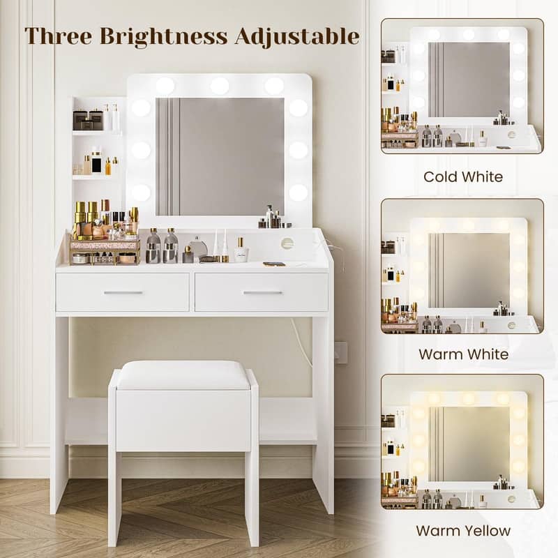 Makeup Vanity Desk with Mirror and Stool, Charging Station, 2 Drawers, 3 Shelves