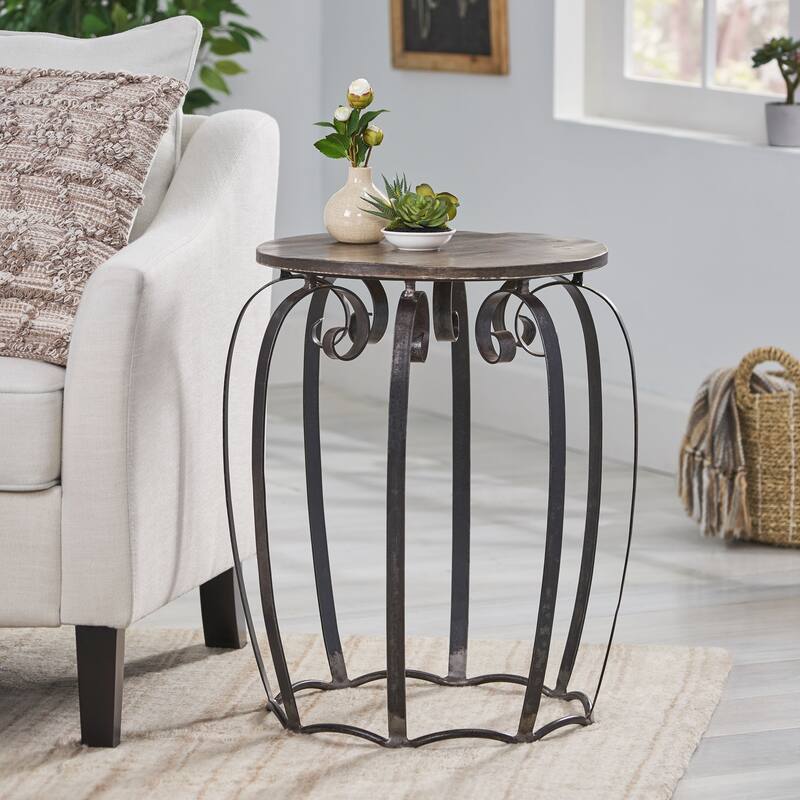 21.25" Modern Round End Table with Curved Metal Frame and Rich Mango Wood Top