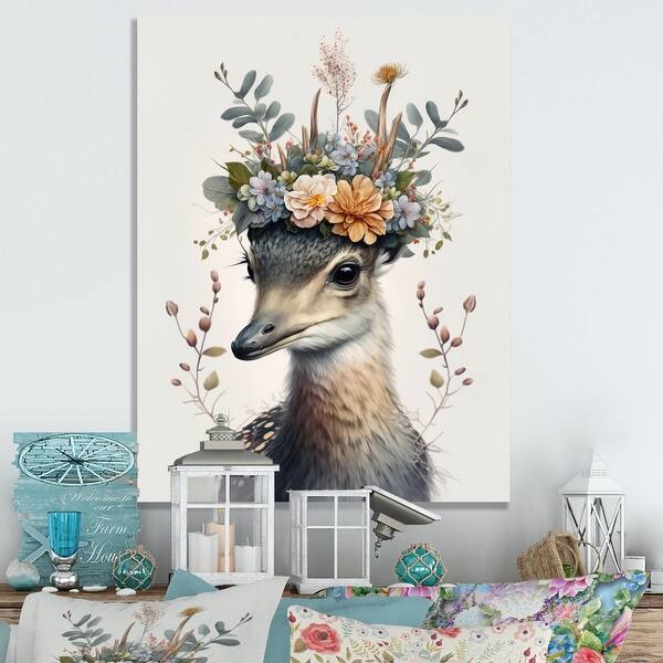slide 2 of 8, Designart 'Cute Baby Heron With Floral Crown ' Animals Heron Metal Wall Art