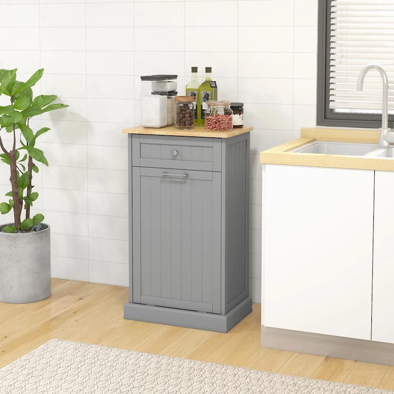 Kitchen Tilt Out Trash Bin Cabinet Free Standing Recycling Trash - Grey