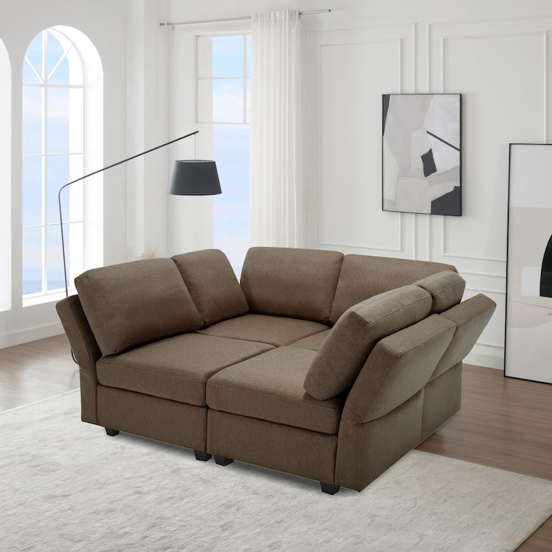 Modern Modular 4 Seat Upholstered Sectional Sofa with Storage, Adjustable Arm, Brown