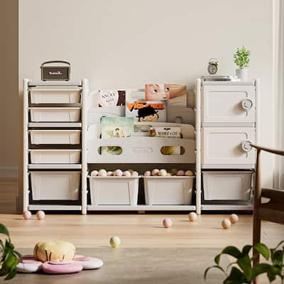 Kids Toy Storage Organizer 8 storage cabinet Removable Toy Bins, 4-Tier Book organizers Storage and 2 cabinet storage