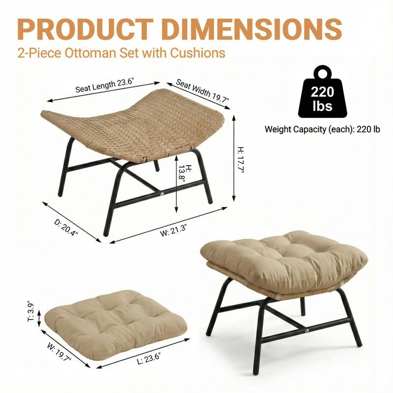 2-Piece Outdoor Wicker Ottomans with Cushions, Weather-Resistant Boho Patio Rattan Footrests for Garden, Porch, and Balcony