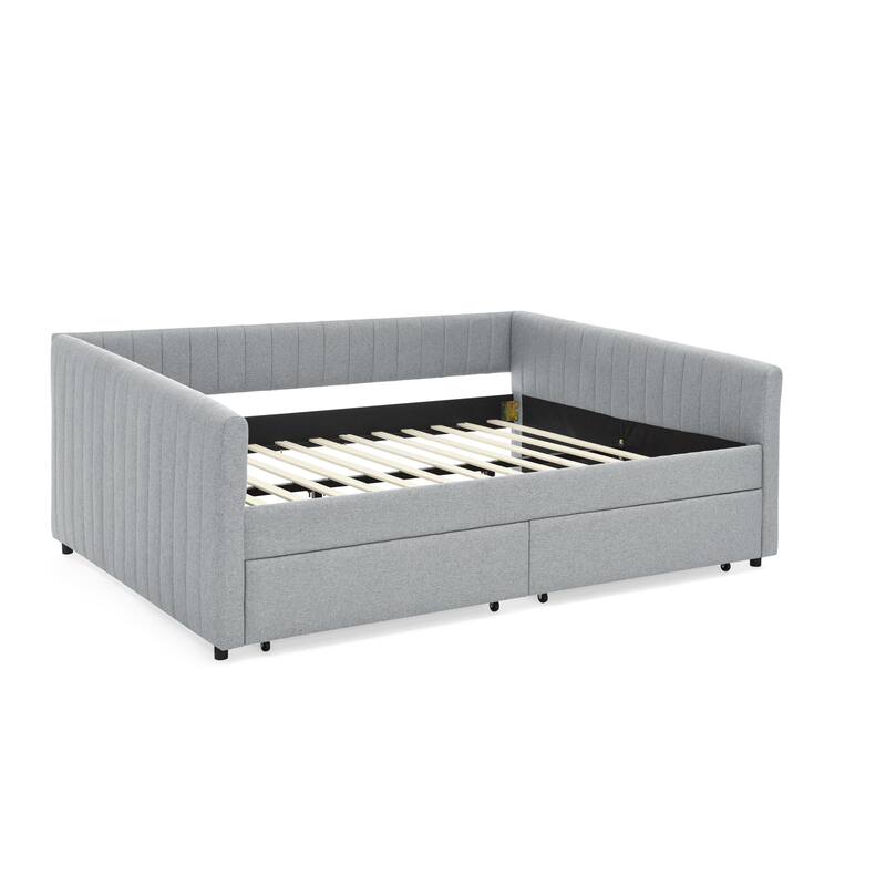 Queen Size Daybed with Two Drawers Trundle Upholstered Sofa Bed, with Vertical Stripes Linen Fabric, Grey (86.5"x65"x30")