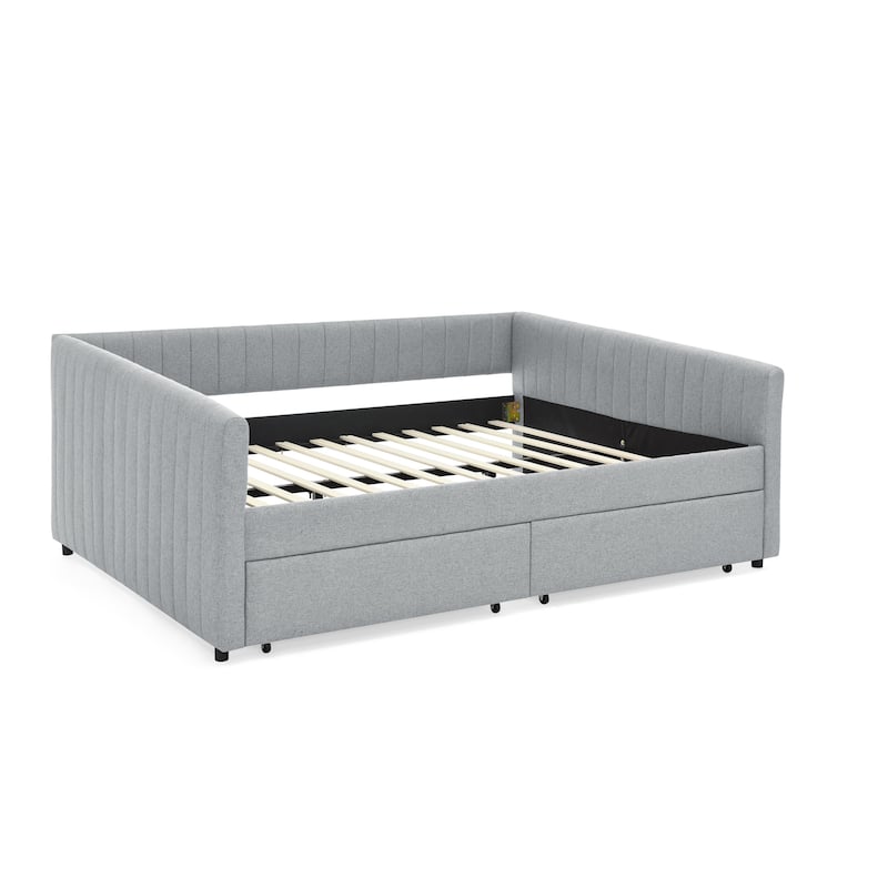 Roomfitters Queen Upholstered Daybed with Trundle and Storage Drawers, Vertical Striped Linen Sofa Bed