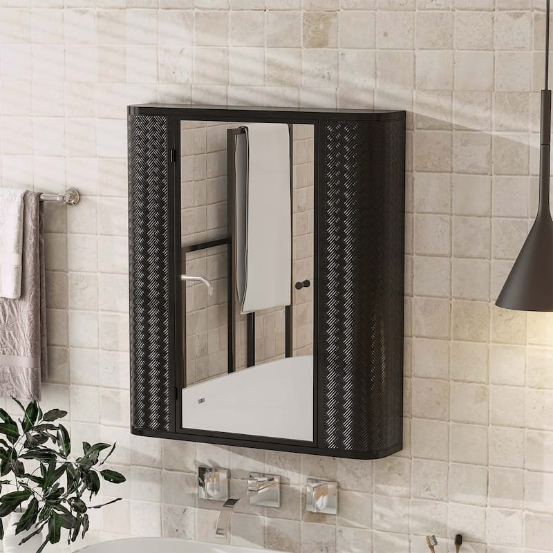 Wall-Mounted Bathroom Cabinet with Mirror,Metal Framed Mirrored Door,2 Shelves for Storage - Antique Black