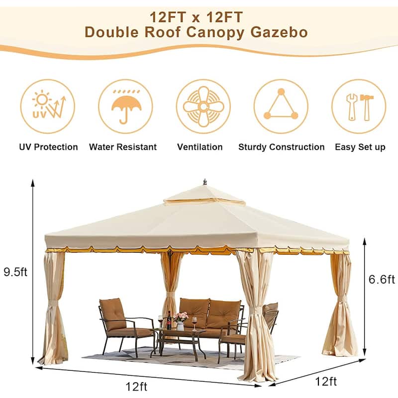 EROMMY Outdoor Canopy Gazebo Double Roof Patio Gazebo with Soft Top, includes Curtains