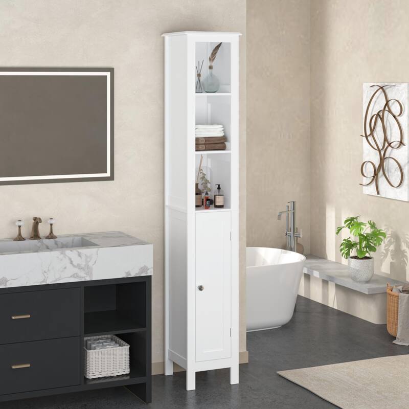 66.92" Tall Storage Cabinet for Bathroom w/ Adjustable Shelves,Slim 1 Doors Freestanding Cabinet w/ Anti-Tip, Open Compartments - White
