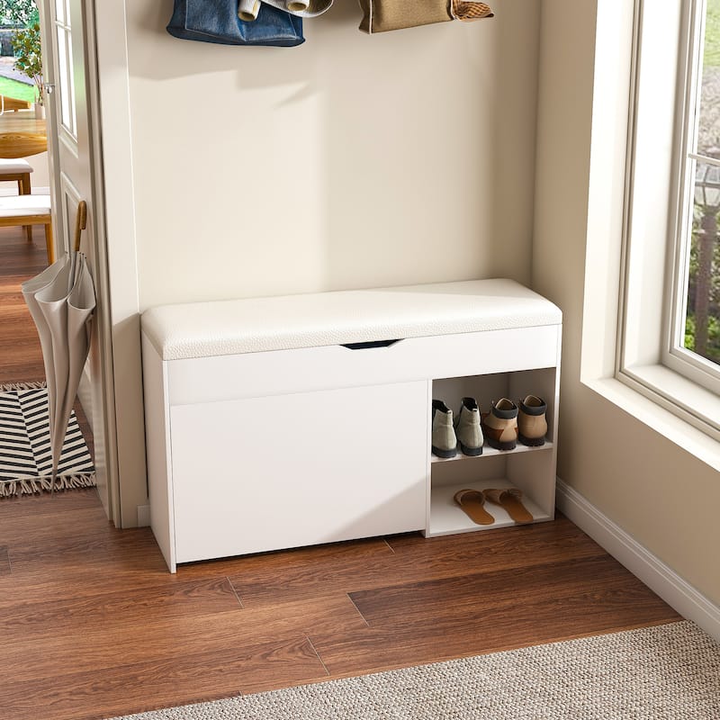 Anmytek White Entryway Storage Bench Flip Top Seat with Shoe Rack Mudroom Organizer Modern