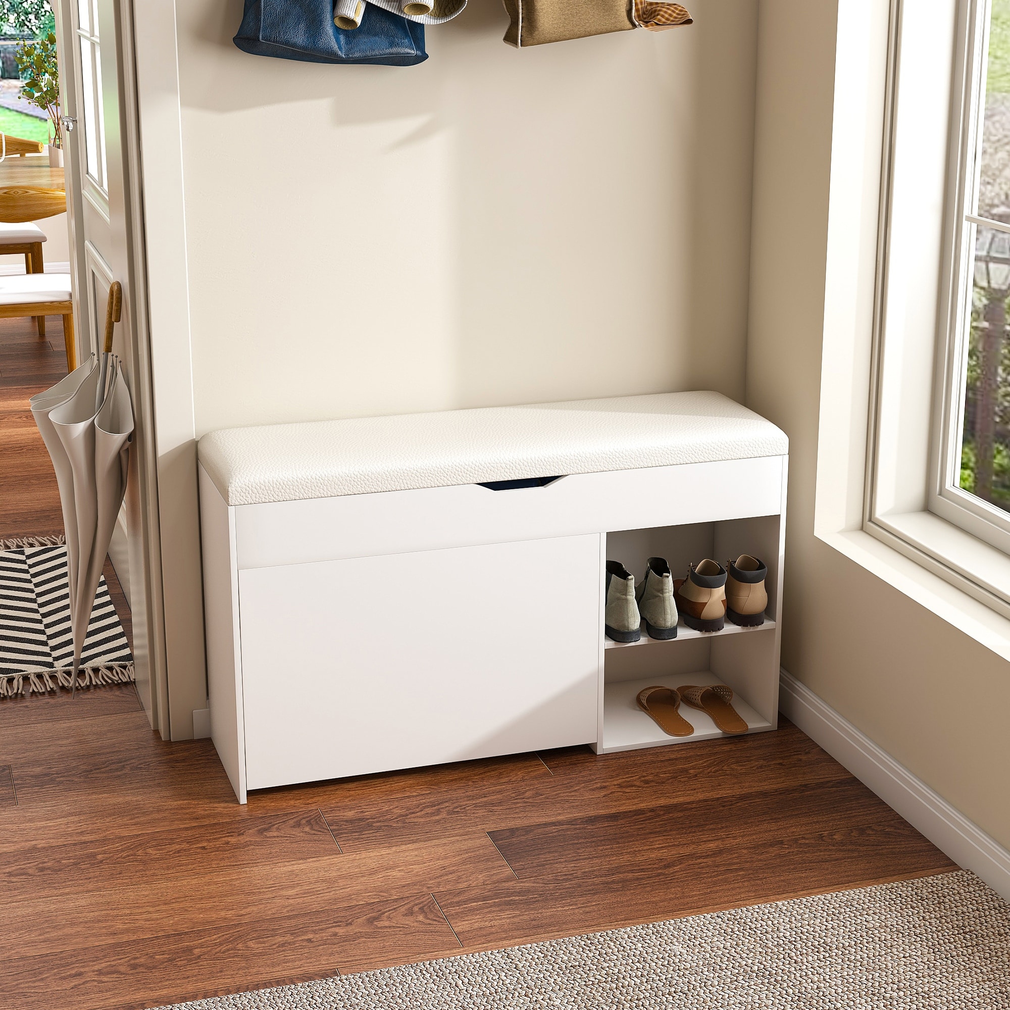 Entryway Bench With Shoe Storage And Adjustable Flip-Up Drawers For Hallway