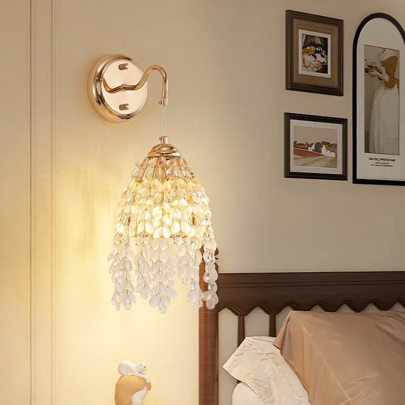 Set of 2 Gold Wall Sconces - Grape Crystal Beads - E12 - Living Bedroom (No Bulbs)