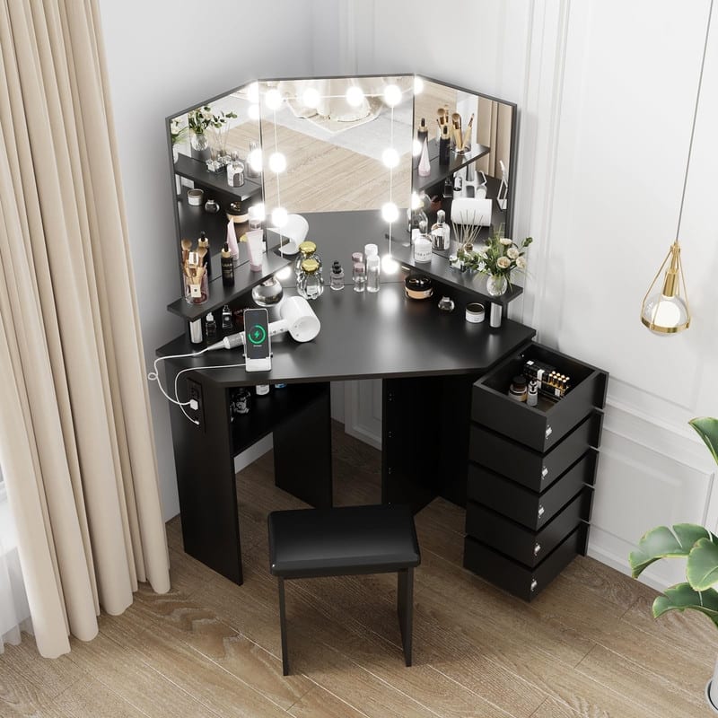 Makeup Vanity with Lights, Power Outlets, Tri-Fold Mirror, 5 Rotating Drawers, Stool