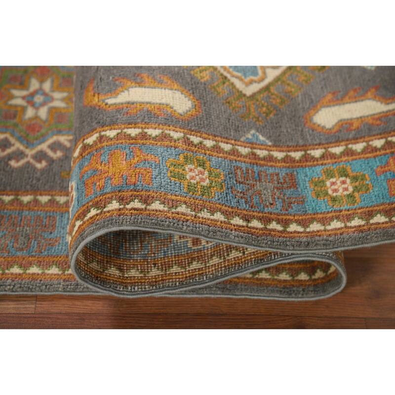 Gray Geometric Kazak Oriental Runner Rug Handmade Grey Wool Carpet - 2'1" x 10'1"