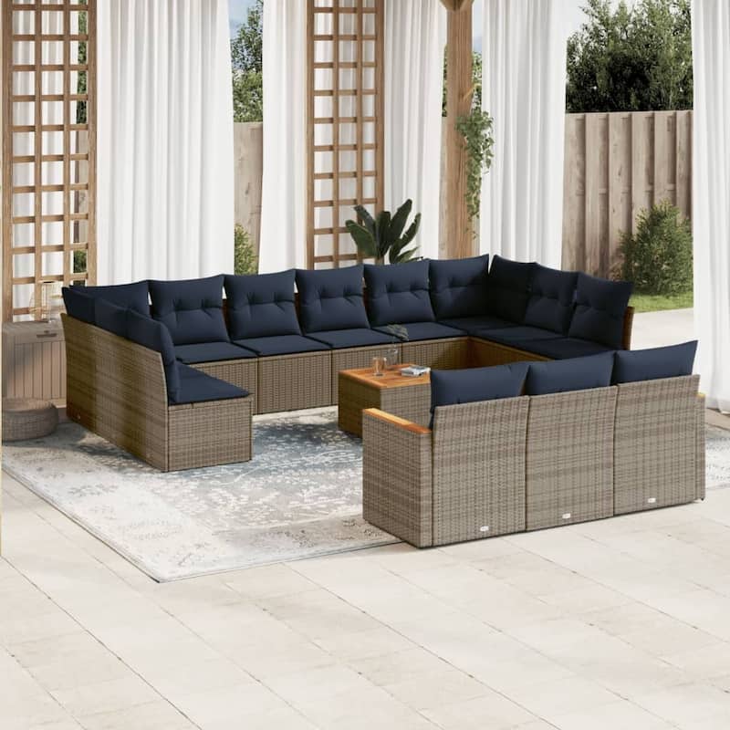 vidaXL 13/14 Piece Patio Sofa Set with Cushions Black/Gray Poly Rattan - 24.4 x 24.4 x 27.2 - Gray With table