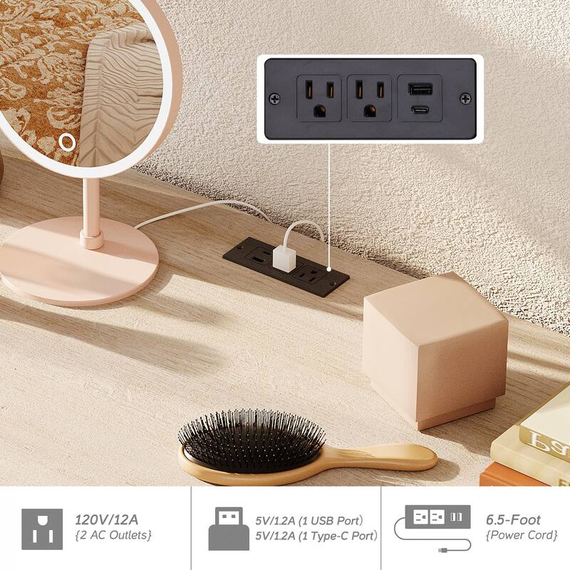 58" Wooden Vanity Desk with 4 Deep Storage Drawers and Charging Station for Bedroom