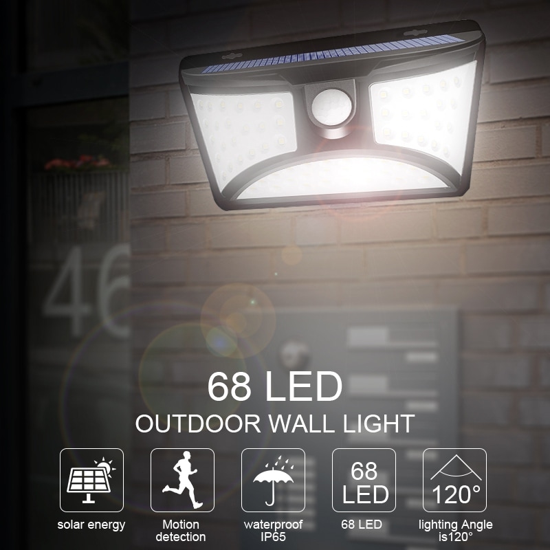 Auto ON/OFF 68 LED Solar Light Motion Sensor Outdoor Garden Wall FloodLight Lamp
