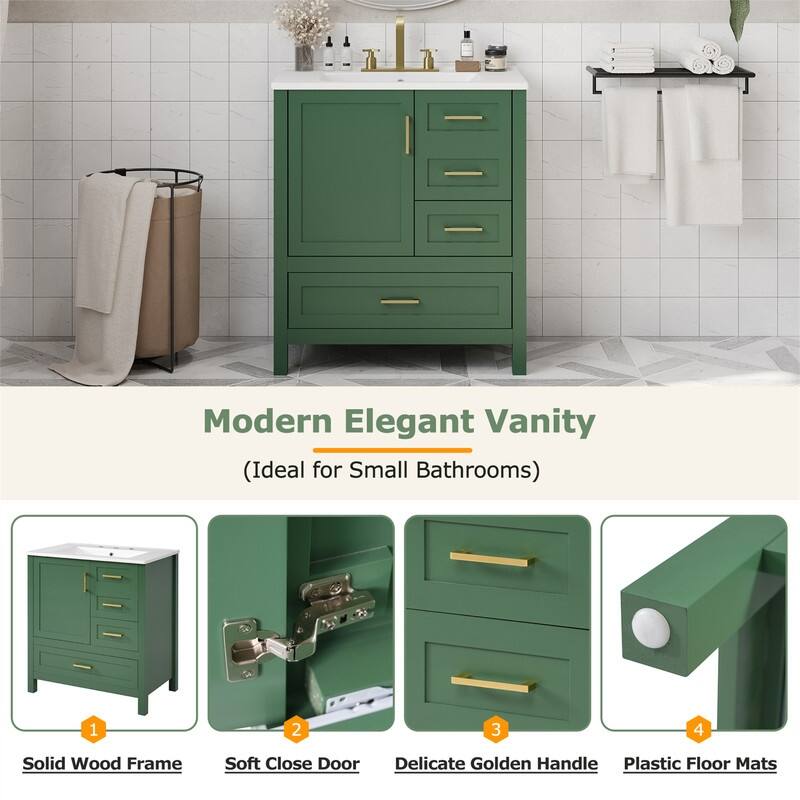 30" Bathroom Vanity with Ceramic Sink Top, Modern Bathroom Storage Cabinet with Soft Close Door, 3 Drawers and Removable Tray