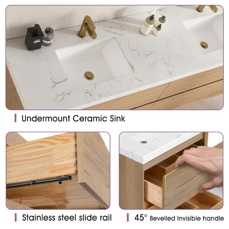 Sylphar 72 inch Bathroom Vanity with Sink, Floating Oak Cabinet with Stone Top