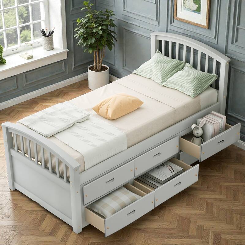 Twin Size Solid Wood Platform Bed with 6 Storage Drawers, Pine Wood Frame with Slats, No Box Spring Needed - Grey - Twin