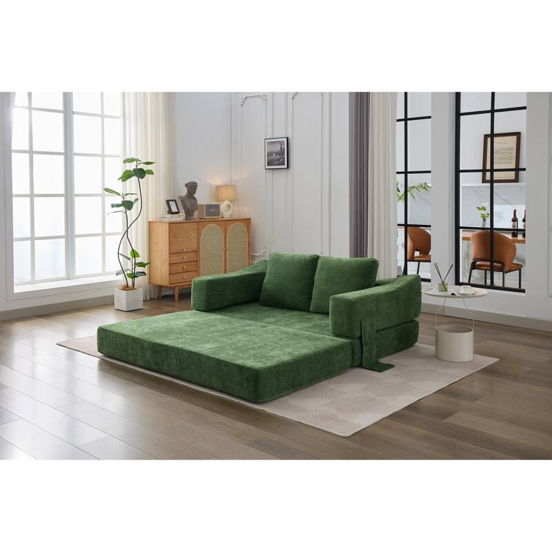 Modern Minimalist Fold-Out Sofa Bed, Convertible Chair Floor Couch, Green Chenille