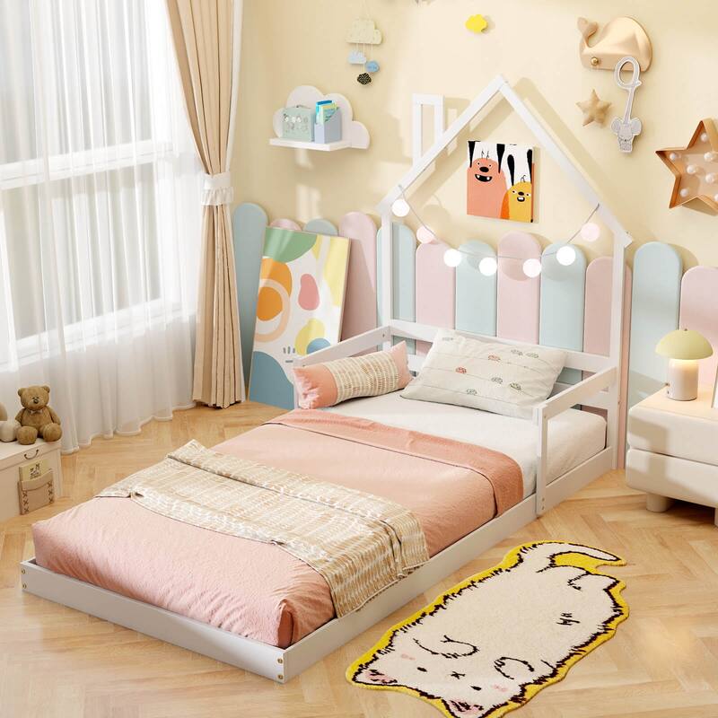 Costway Twin Size Floor Bed for Kids with Chimney Headboard & Handrail
