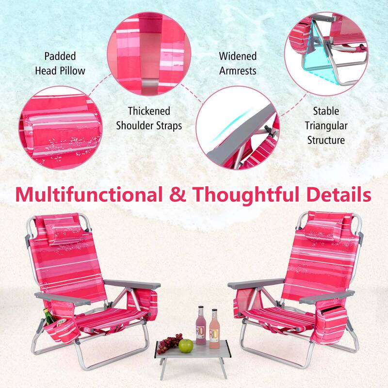 Costway 2-Pack Folding Backpack Beach Chair Table Set 5-Position