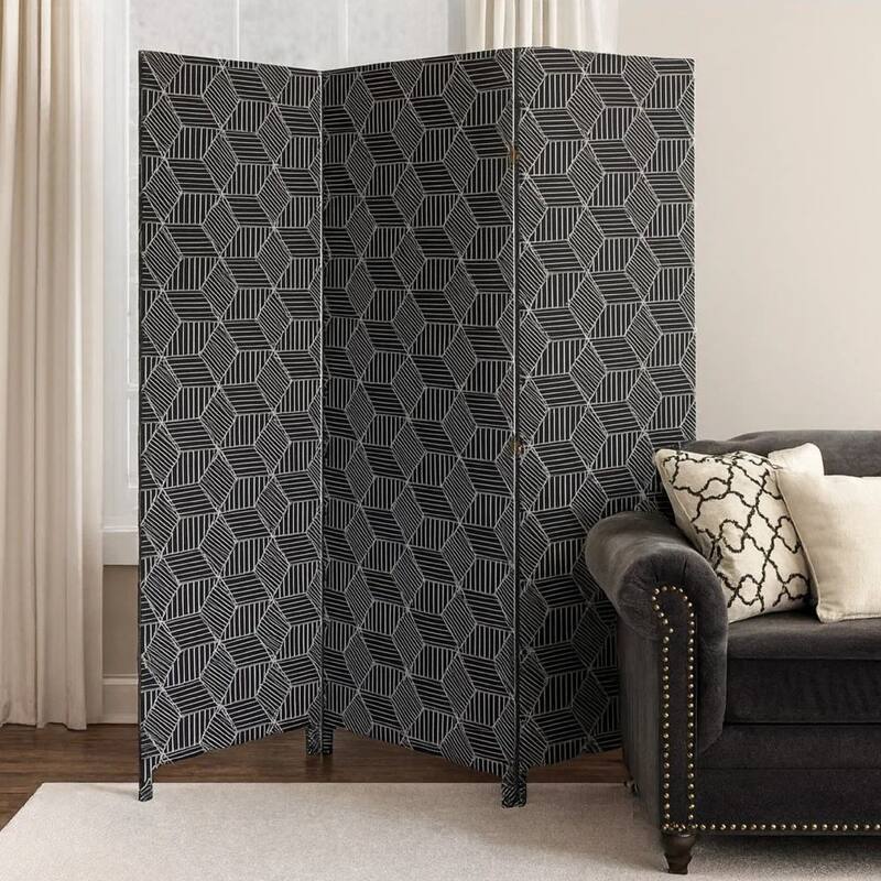 71 Inch 3 Panel Fabric Room Divider with Geometric Print, Black