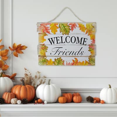 16” Autumn Leaves Welcome Friends Wooden Hanging Wall Sign