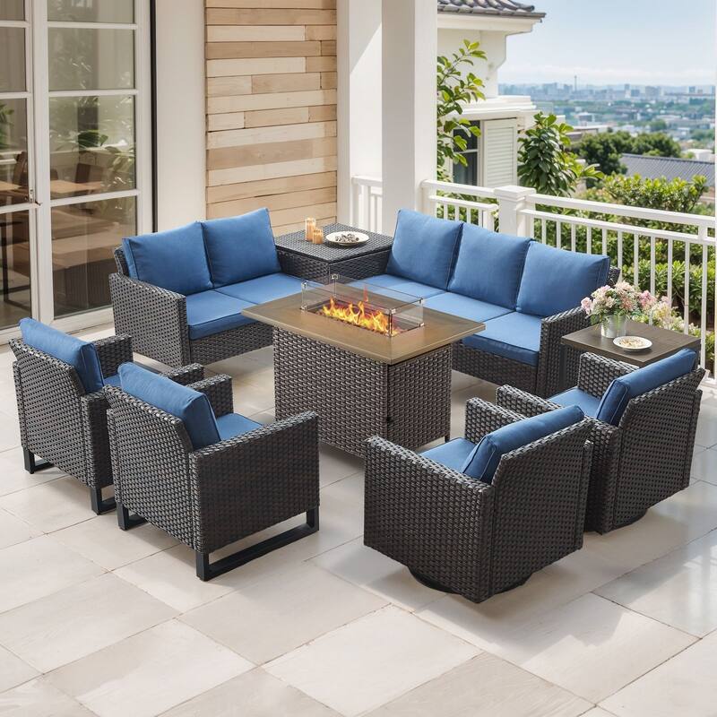 Gymojoy 9 Piece All-Weather Wicker Outdoor Patio Family Conversation Set Group With Fire Pit Table