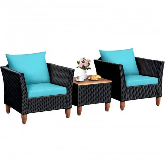 3 Pcs Outdoor Patio Rattan Furniture Set Wooden Table Top Cushioned Sofa - 29" x 27" x 28" (L x W x H)