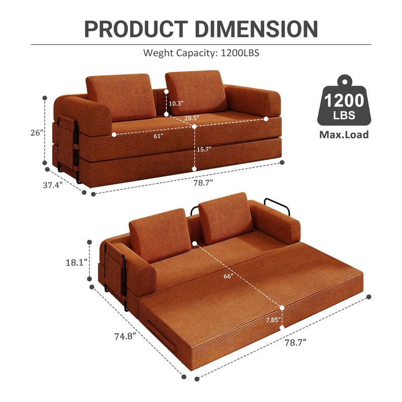 Convertible Corduroy Sleeper Sofa Bed, 3-Seat Folding Floor Couch with Cylindrical Pillow & Fixed-Shape Frame