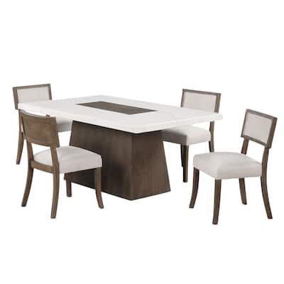 Rectangular Dining Set with Faux Marble Table Top in Dark Walnut and Light Gray
